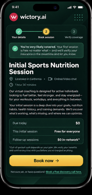 The initial sports nutrition session screen showing $0 due today