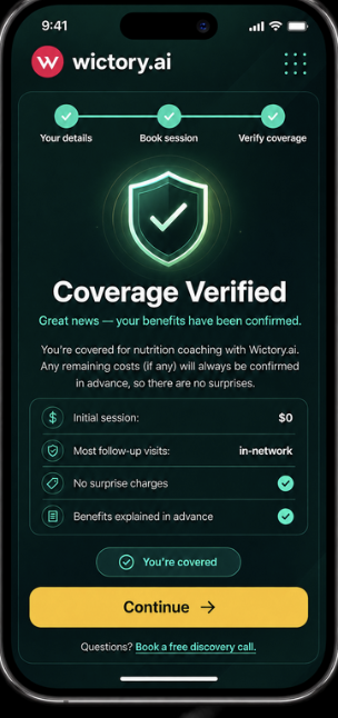 A coverage verified screen confirming benefits with no surprise charges