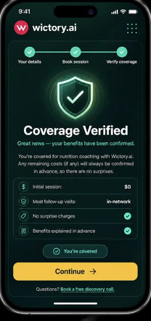 A coverage verified screen confirming benefits with no surprise charges