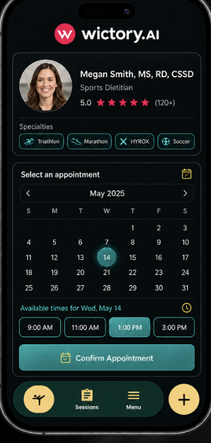 A dietitian profile with specialties and a calendar of available appointment times