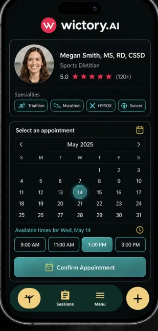 A dietitian profile with specialties and a calendar of available appointment times