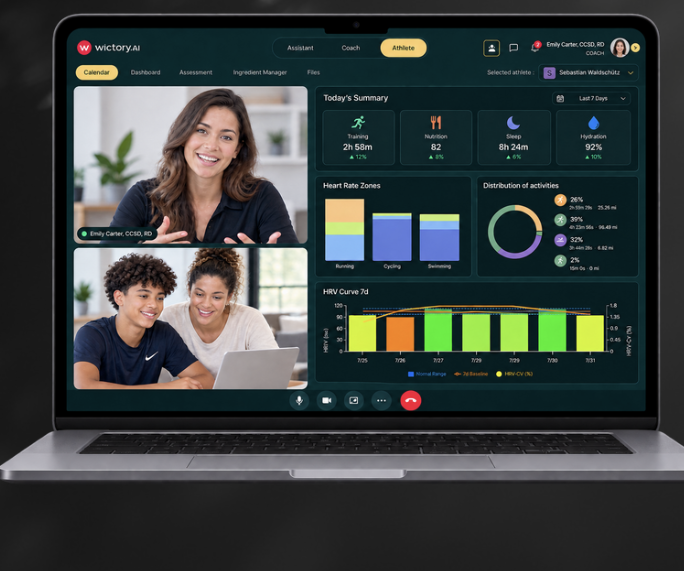 A video session with a dietitian alongside the athlete dashboard