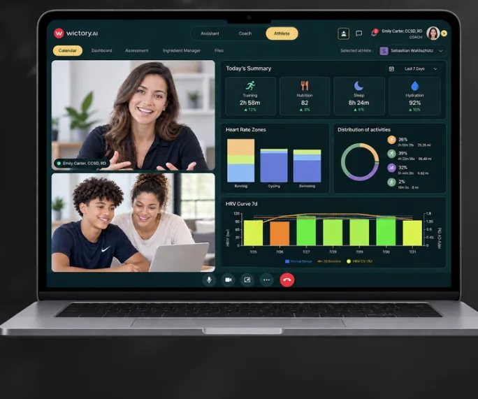 A video session with a dietitian alongside the athlete dashboard